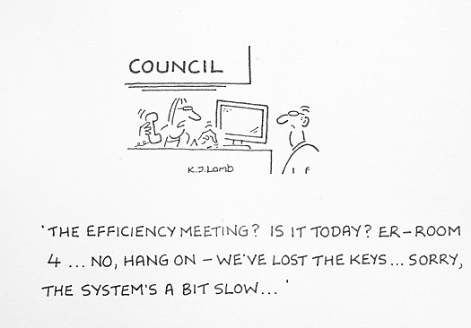 The Efficiency Meeting? Is It Today? Er - Room 4... No, Hang On - We've Lostthe Keys... Sorry, the System's a Bit Slow...