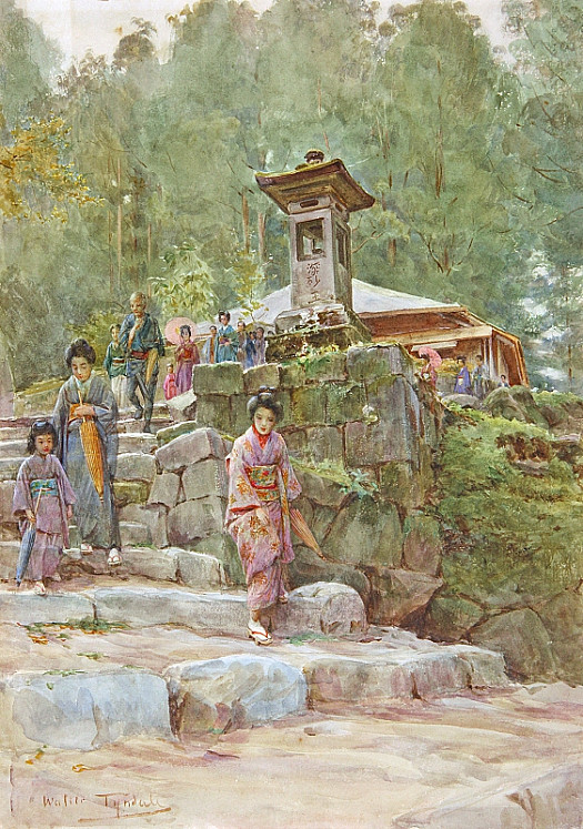 Japanese Figures Leaving a Shrine