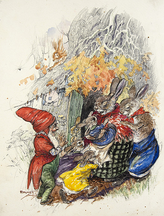 Mumsy Brown picked up her darling bunny babies and carried them into the burrow