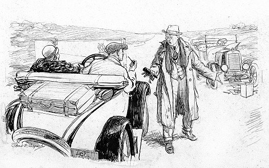 Stranded Traveller (miles from anywhere): 'Excuse me, but my car has broken down. Do you know anything about Fords?'Passing Motorist:  'Awfully sorry. I'm afraid I know nothing about Ford; except, of course, two frightfully funny stories.'
