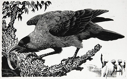 The prince's servants saw the crow dropping the gold anklet into the hole in the tree