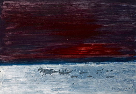 He is crossing the frozen wastes of Novosti Krosky which lies somewhere in Russia where the winters are long