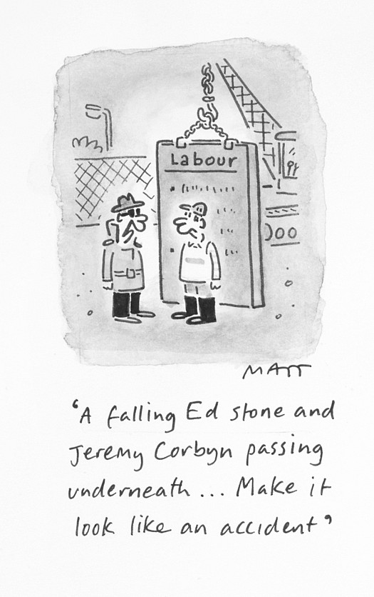 A Falling Ed Stone and Jeremy Corbyn Passing Underneath... Make It Look Like an Accident