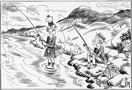 Highland HushMr Stimson: 'Had a Nibble Yet?'Ramsay: 'Will Ye No Keep Quiet? Dinne Ye Kin We Promised Not to Talk?'(the Prime Minister and Mr Stimson, Who Are Together In the Highlands, Maintain They Are Having a Real Holiday and Discussing Nothing.)