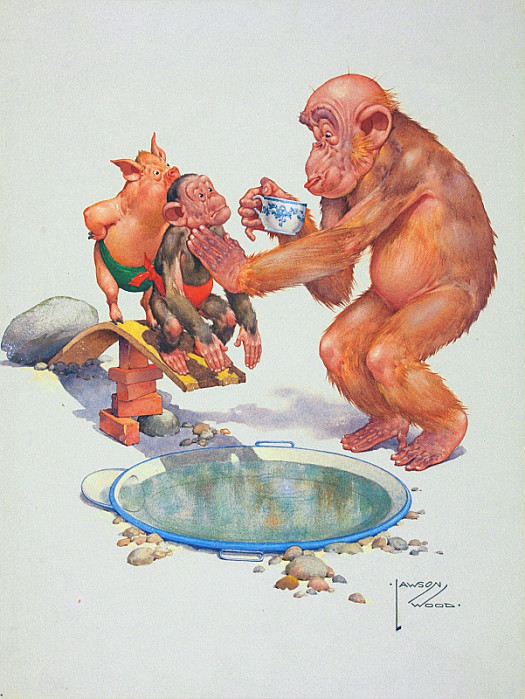 Porky and Chimp Thought a Swim Would Make Them Cool, and Tried to Dive Into Gran'pop's Drinking Pool.