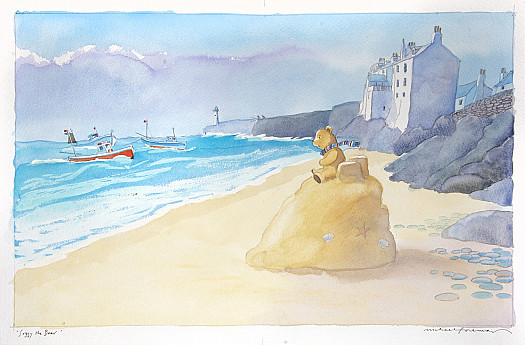 The sea grew louder as it came closer but the little bear felt safe on his sandcastle