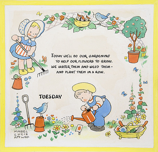 Today we'll do our gardeningTo help our flowers to grow.We water them and weed them &ndash; And plant them in a row