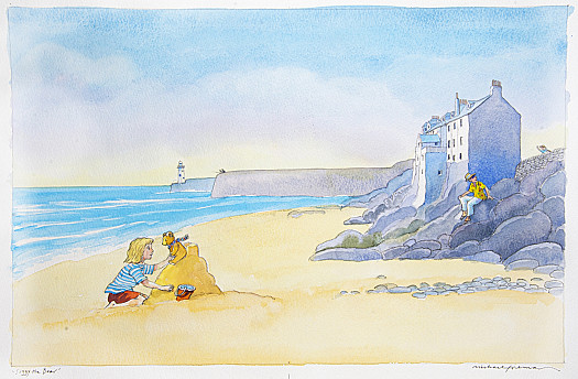 The little girl built a sandcastle and placed her favourite teddy bear on top, so he could look at the rocks and the blue-green sea