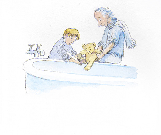 Jack and his grandfather took the little bear home and gave him a nice warm soapy bath