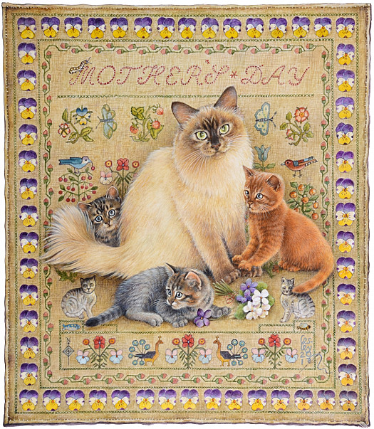 Mother's Day with Odette and Her Kittens On a Needlework Sampler