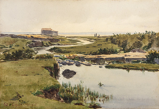 Coastal landscape with river flowing to the dunes