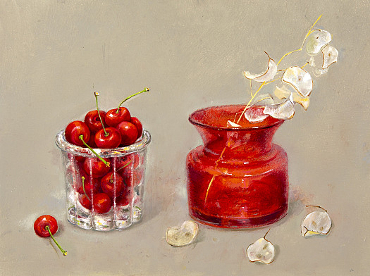 Cherries, Red Glass and Honesty
