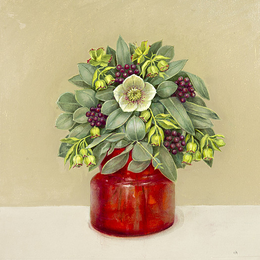 Hellebore in a Red Glass Vase