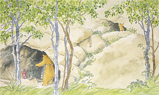 Little Bear climbed up the rocks above the Bear Cave. There was a place there, little-bear-sized or just bigger. 'I could have my own bear cave in here!' thought Little Bear. 'With a bed and a table and a chair.'