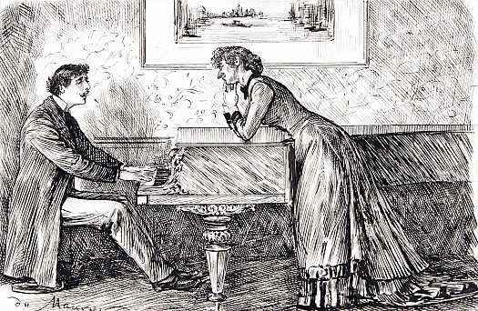 Annals of a Musical Neighbourhood: 'The eldest Miss Gushington gave us &quot;the Fountains Mingle with the River&quot;; her rendering of the last two lines: &quot;but what are all these kisses worth, if thou kiss not me?&quot; Was thrilling In it's pathos and passion; and there was great applause. After which our young tenor sat down to the piano and unconsciously fixing his gaze on the elder Miss Gushington, Whose gaze was rivetted on him, he sang a lovely setting of Shelley (by L.Benson), beginning: 'I fear thy kisses, gentle maiden, thou needst not fear mine...&quot;