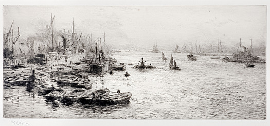 Busy River Scene with Moored Barges