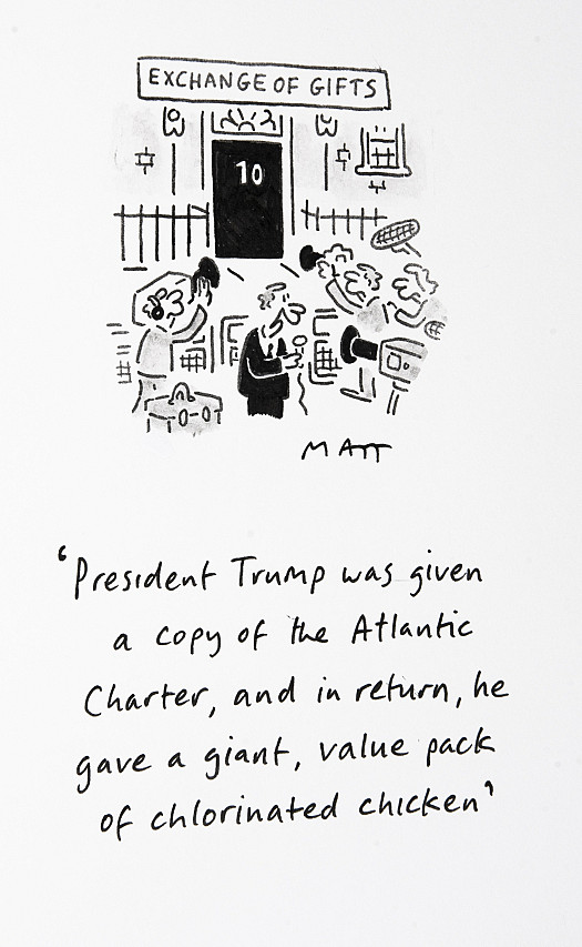 President Trump was given a copy of the Atlantic Charter, and in return, he gave a giant, value pack of chlorinated chicken