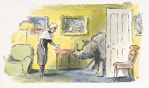 On winter evenings, when the nights were cold, Diana would bring the Rhinoceros into the house