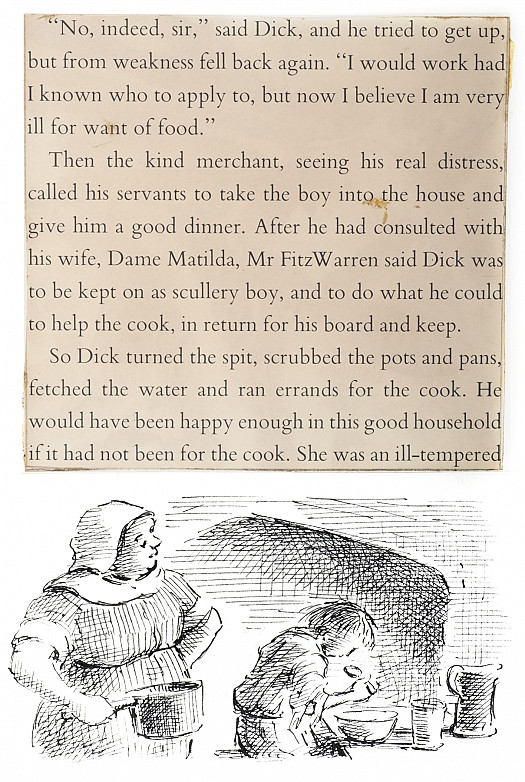The kind merchant, seeing his real distress, called his servants to take the boy into the house and give him a good dinner