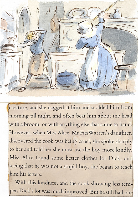 When Miss Alice, Mr FitzWarren's daughter, discovered the cook was being cruel, she spoke sharply to her and hold her she must use the boy more kinfly