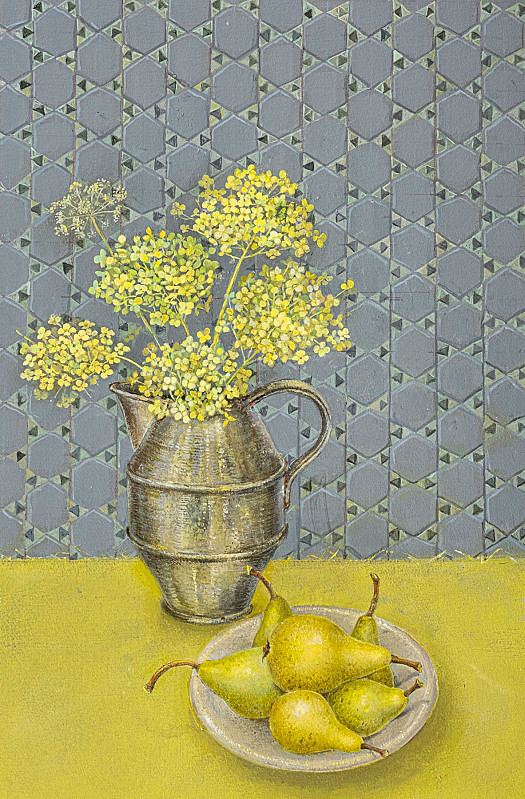 Tin Olive Oil Jug with Plate of Pears