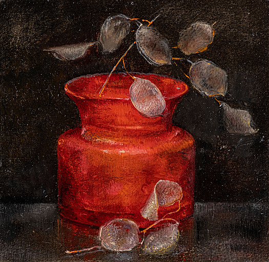 Red Glass Jar and Honesty