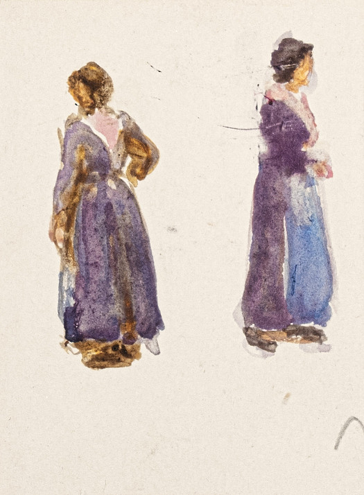 Two women turning in violet dresses