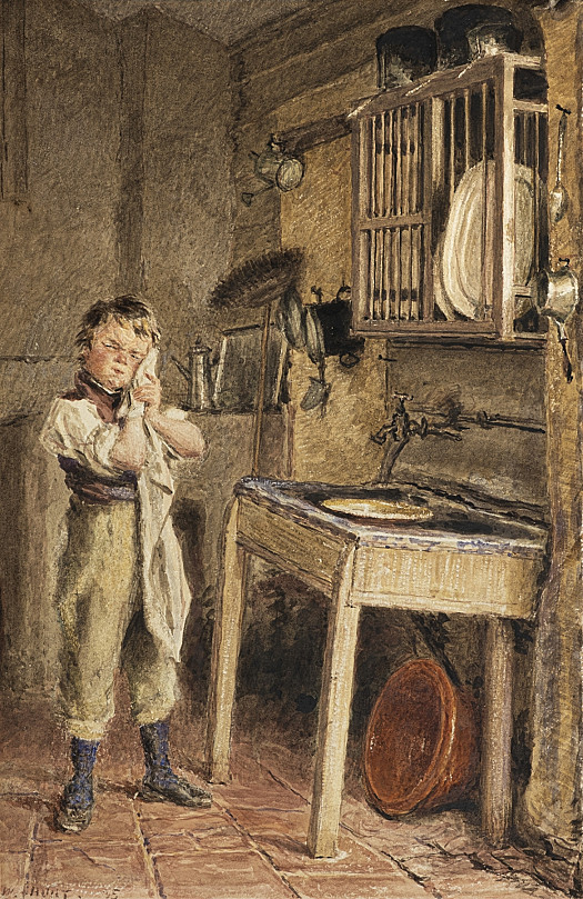 A Young Boy Washing at the Kitchen Sink