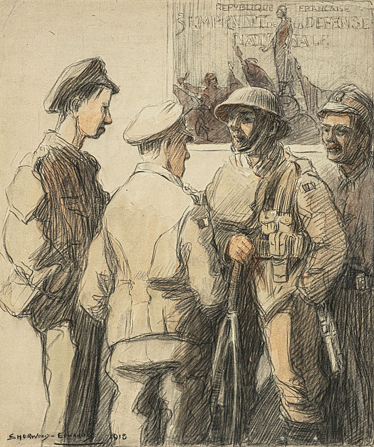 Soldiers Talking before a French Poster