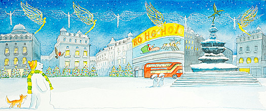 Snowman marvelled at all the colourful lights and the huge buildings reaching up to the stars above