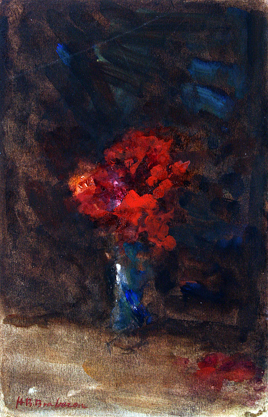 Red Flowers In a Blue Vase