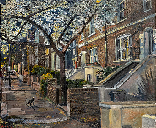 Islington Street at Night with Blossoming Cherry Trees, March-April 2024