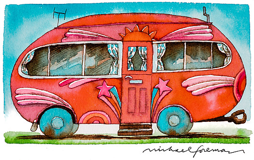 The ringmaster and his son lived in a strawberry-coloured caravan with sky-blue wheels