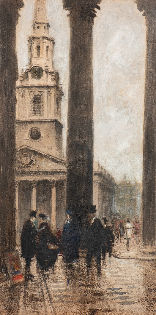 Figures under the portico of the National Gallery, with St Martin-in-the-Fields beyond