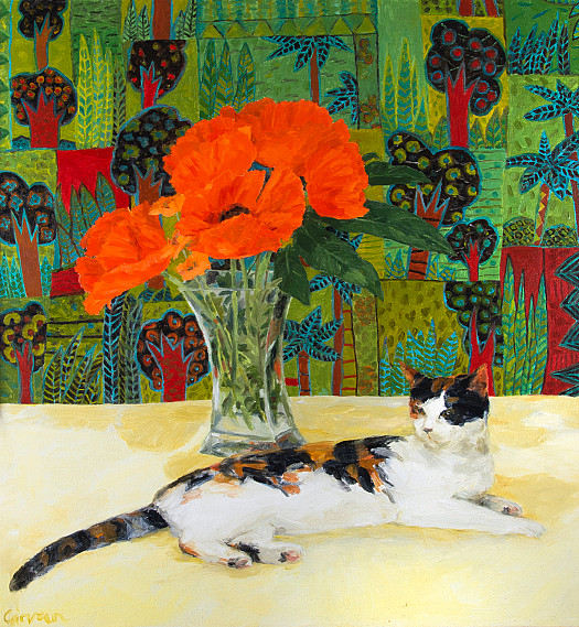 Tortoise Shell Cat and Poppies