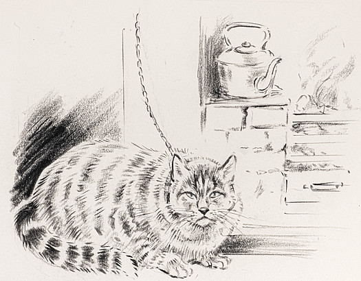 'She had fitted her old cat with a collar 
and chain and fastened him to the chimney-piece for his own protection'