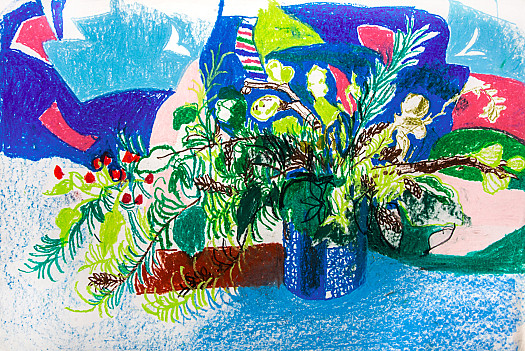 Flowers and Ferns in a Blue Jug