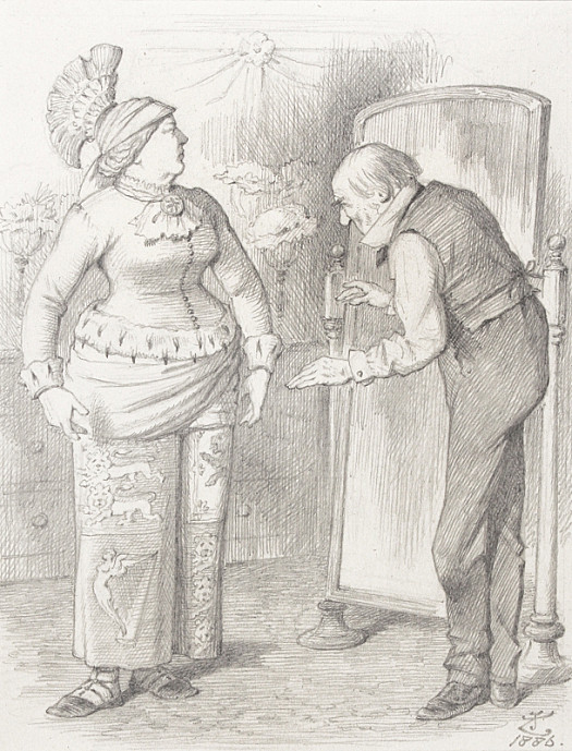 The 'Divided-Skirt'Grand Old Man. Milliner. (Persuasively). 'Fits Beautifully, Madam! &ndash; a Little Alteration Here and There &ndash;'Mrs Britannia. 'It's Very Uncomfortable, &ndash;&nbsp;and I'm Sure It Isn't Becoming. I Shall Never Get Along with It as It Is!!'
