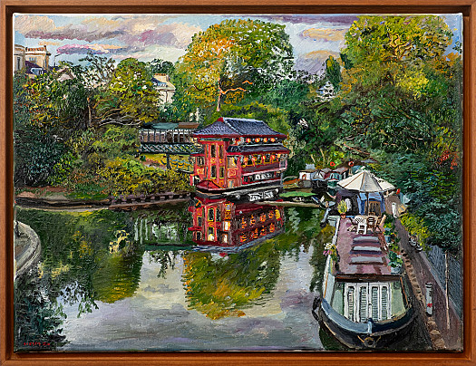 View of Canal in Regents Park with Floating Chinese Restaurant