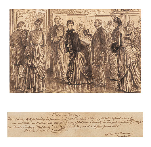 Picture Sunday
Piers Sopeley (Explaining his picture):  'It's just a realistic allegory, too sadly typical, alas! of our own time.  It illustrates the fading away of art, love, and sincerity in the foul miasma of worldly success!'
Mrs Ponsonby de Tompkyns: 'How lovely!  How true!!  And oh, what a lesson for us all!'
Snarle: 'Not in Painting!'