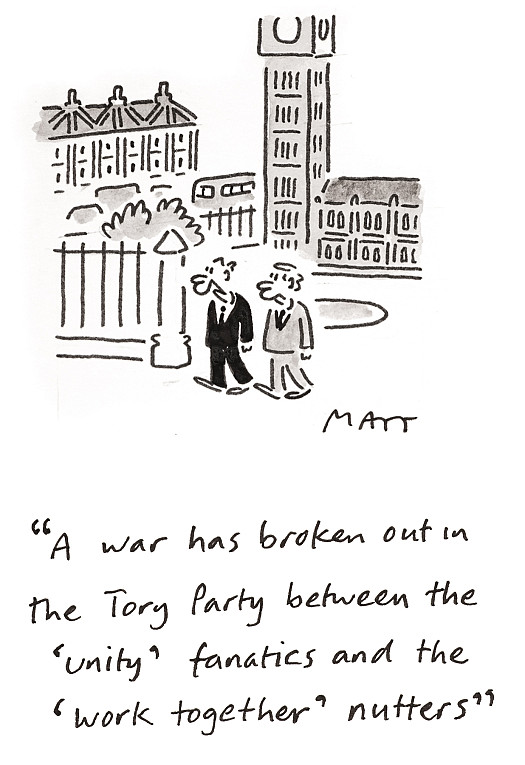 A war has broken out in the Tory Party between the 'unity' fanatics and the 'work together' nutters