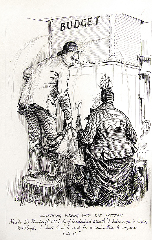 Something Went Wrong with the Systern
Neville the Plumber (to Old Lady of Leadenhall Street) 'I believe you're right, Mrs Lloyd. I shall have to send for a committee to enquire into it.'