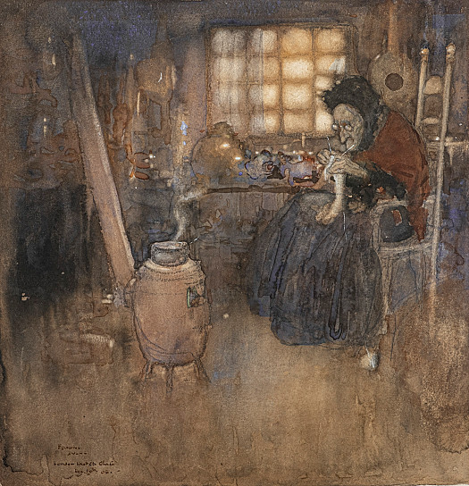 Old Woman Knitting in front of a Brazier