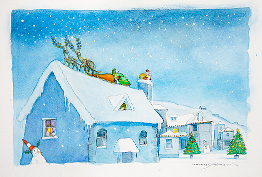 The sleigh landed gently on top of a snowy roof. Morvoren watched in amazement as Santa grabbed a sack and, with a mischievous wink, disappeared down a chimney!