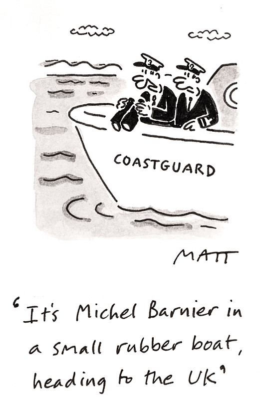 It's Michel Barnier in a small rubber boat, heading to the UK