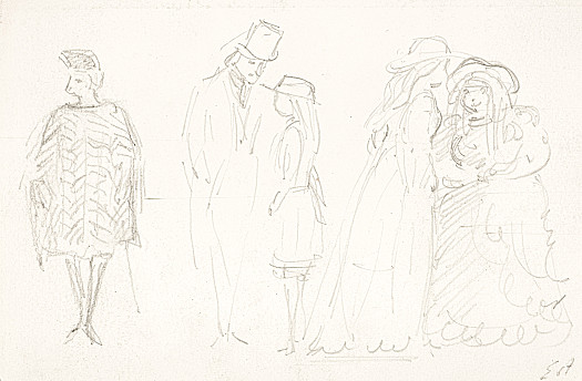 Sketches of men and women in Victorian dress