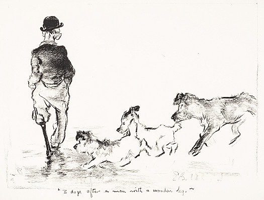 Three dogs after a man with a wooden leg