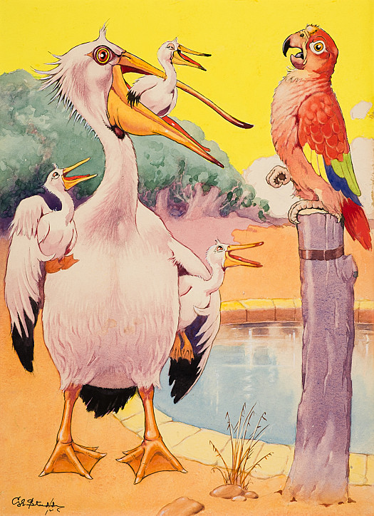 'Look children' said mother Pelican. 'That's a parrot. Have you ever seen such an absurd bird?'