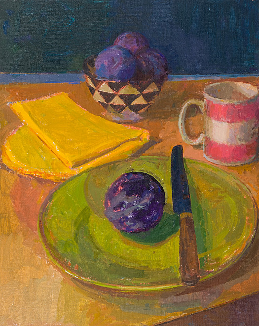 Still Life with Plums and Black and White Bowl