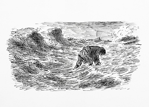 Crusoe thrown by monstrous waves towards land, battles against undertow and climbs exhausted to safety